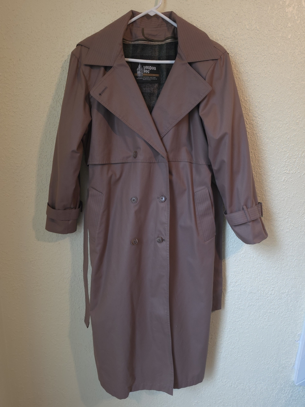VTG-London Fog Mauve Trench Coat Button Belted Lined Long Size 8 Detachable Hood